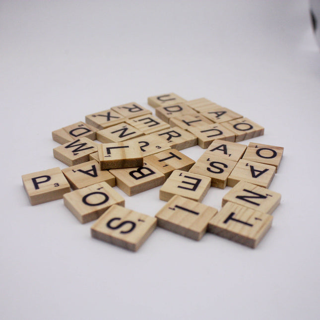 100 Pcs Wooden Scramble Scrabble Letters Tiles - Natural Wood Color Scrambble Tile - 18mm x 20mm - Complete 100 Pcs Set - Wedding Scrapbook