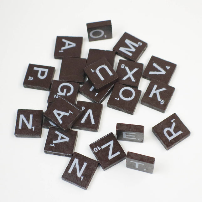 100 Pcs Wooden Scramble Scrabble Letters Tiles - Mocha Brown Color Scrambble Tile - 18mm x 20mm - Complete 100 Pcs Set - Wedding Scrapbook