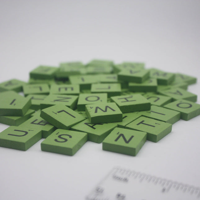 100 Pcs Wooden Scramble Scrabble Letters Tiles - GREEN Color Scrambble Tile - 18mm x 20mm - Complete 100 Pcs Set - Wedding Scrapbook