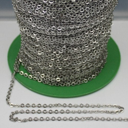 32 ft Rhodium Flat Cable Chain - 3.4x2.9mm SOLDERED Link - Antique Silver Bulk Flat Soldered Cable Chain - 3429F