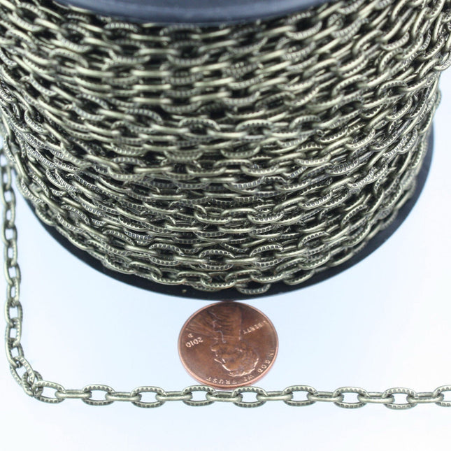 Antique Bronze Texture Chain Bulk, 32 ft. of Antique BRASS Flat Texture Oval Chunky Cable Chain - 7.2x4.2mm Unsoldered - 7242TX
