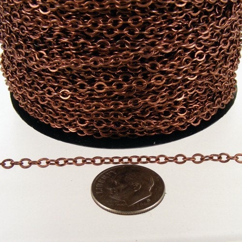 Antique Copper Chain Bulk Chain, 32 ft spool of Antique Copper finished  Brass Flat Soldered Cable Chain 3.4x2.9mm