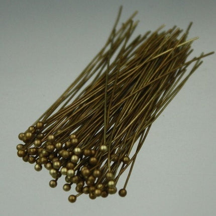 100 pcs Antique Brass Ball headpins Bronze - 2 inch (50mm), 24 Gauge 24G 1.8mm Ball
