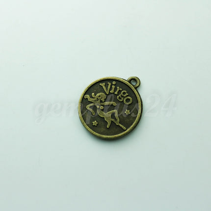 Zodiac Charm, Message Charm - Antique Brass - 28mm 3mm thickness 2.5mm Hole - Virgo - August 23 - September 22