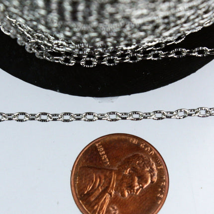 50 feet of Rhodium Texture Chain Bulk, Antique Silver Flat Texture Oval Chunky Cable Chain - 3x2mm Unsoldered - 32TEX