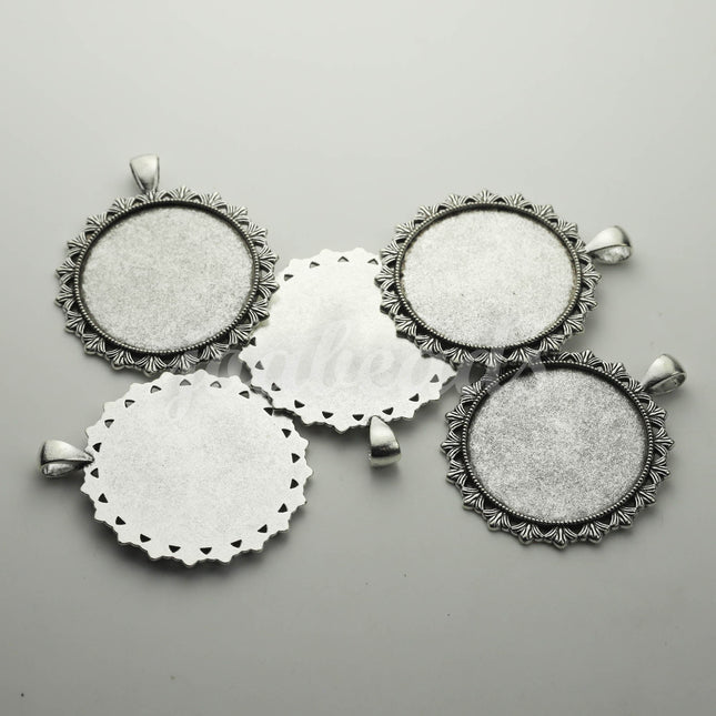 1/5 pcs Round Antique Silver Bezel - for 35mm app. 1-3/8 inch - Circle Pendant Blank Bezel . for Cabochon Cameo Pendants T254