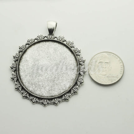 1/5 pcs Round Antique Silver Bezel - for 35mm app. 1-3/8 inch - Circle Pendant Blank Bezel . for Cabochon Cameo Pendants T254