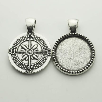 1/5 Pcs/Set Pendant Compass BEZELS Link with GLASS Magnifying Domes Cabochon - 5 sets 10 pcs  - 20mm 13/16 inch Antique Silver Bezel T220