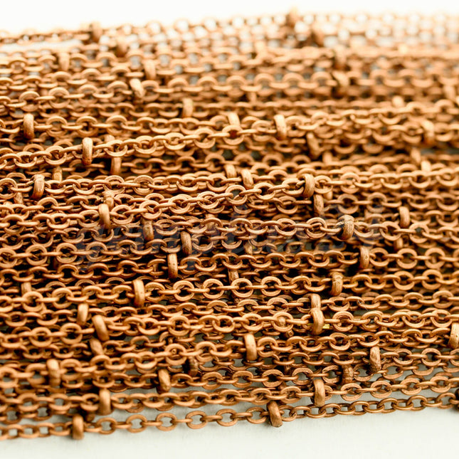 100 ft Antique Copper Satellite Dainty Delicate Chain Flat BALL Chain - 2.4x1.7mm SOLDERED link - Small Ball Flat Cable Chain - 2417SAT