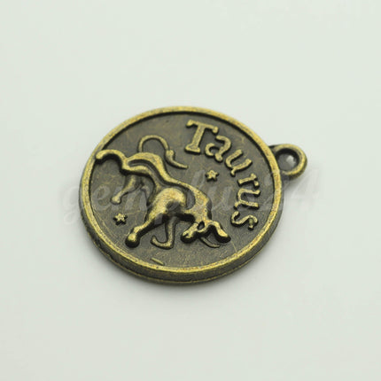 Zodiac Charm, Message Charm - Antique Brass - 28mm 3mm thickness 2.5mm Hole - Taurus "Trustworthy" - April 20 - May 20