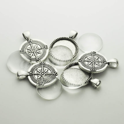 1/5 Pcs/Set Pendant Compass BEZELS Link with GLASS Magnifying Domes Cabochon - 5 sets 10 pcs  - 20mm 13/16 inch Antique Silver Bezel T220