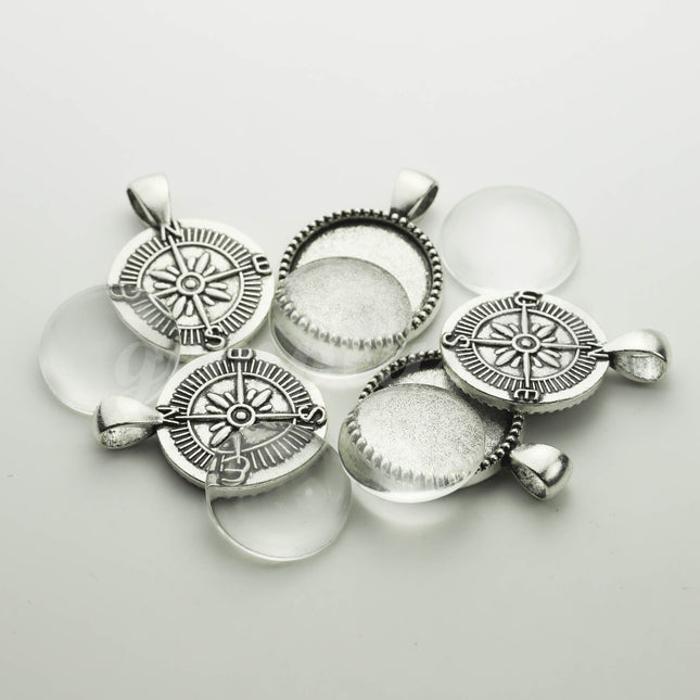 1/5 Pcs/Set Pendant Compass BEZELS Link with GLASS Magnifying Domes Cabochon - 5 sets 10 pcs  - 20mm 13/16 inch Antique Silver Bezel T220