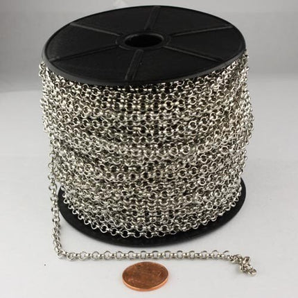 Rhodium Plated Rolo Chain bulk, 32 ft of Antique Silver Rolo Cable Chain 3.8mm - Unsoldered Links - Bulk Chain - 38ROLO