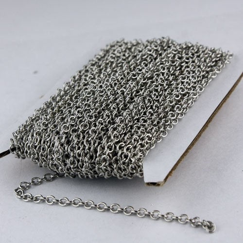 Rhodium Plated Chain Bulk Chain, 100 ft. of Antique Silver SOLDERED Cable Chain - 3.2x2.8mm SOLDERED LInk - 3430S
