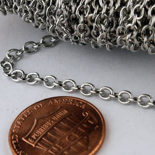 Rhodium Plated Chain Bulk Chain, 100 ft. of Antique Silver SOLDERED Cable Chain - 3.2x2.8mm SOLDERED LInk - 3430S