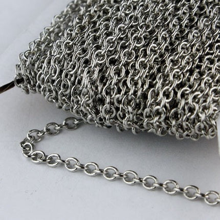 Rhodium Plated Chain Bulk Chain, 100 ft. of Antique Silver SOLDERED Cable Chain - 3.2x2.8mm SOLDERED LInk - 3430S