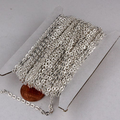 10 ft Sterling Silver Plated Flat Cable Chain - 3.4x2.9mm SOLDERED Link - Bulk Flat Soldered Cable Chain - 3429F-SV