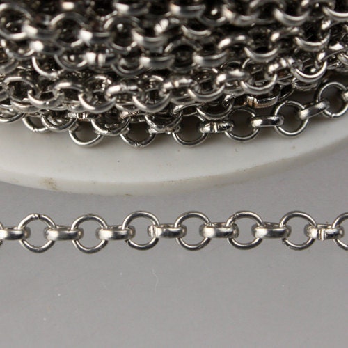 Rhodium Plated Rolo Chain bulk, 32 ft of Antique Silver Rolo Cable Chain 3.2mm - Unsoldered Links - Necklace Bracelet Wholesale Bulk Jewelry
