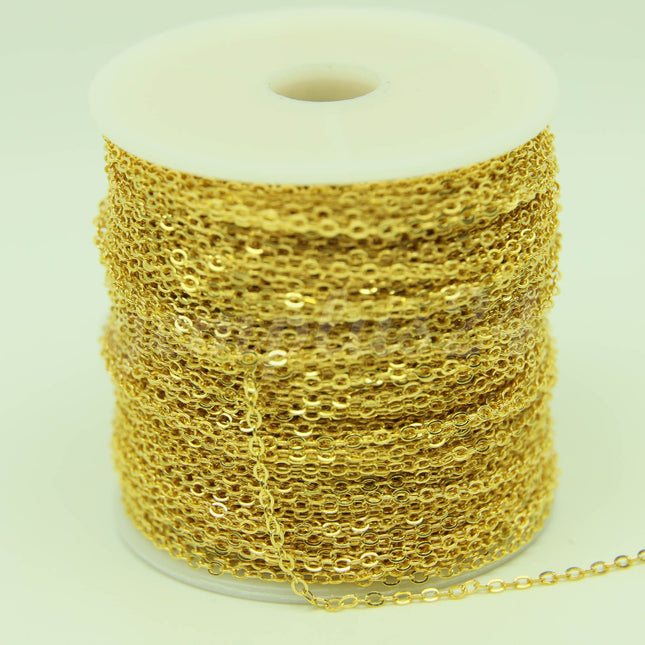 ATC Anti-Tarnishing Coating 24K Deep Gold Plated Flat Cable Chain bulk, 300 Feet Plastic Reel of SOLDERED Link Chain -3x1.7mm - ATC317F