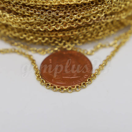 ATC Anti-Tarnishing Coating 24K Deep Gold Plated ROLO Chain bulk, 3/10/32/100 Feet of SOLDERED Rolo Chain - 2.0mm 2mm Links - ATC2.0BL