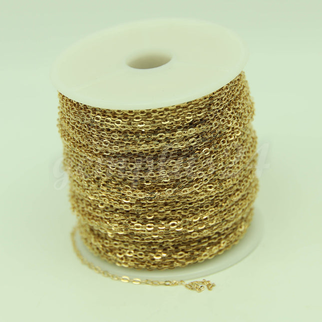 ATC Anti-Tarnishing Coating Pinky Gold Plated Flat Cable Chain bulk, 300 Feet Plastic Reel of SOLDERED Link Chain -3x1.7mm - ATC317F