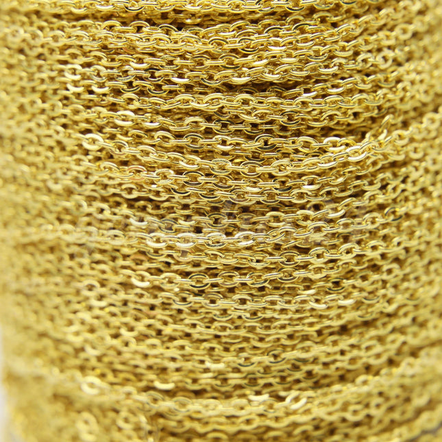 ATC Anti-Tarnishing Coating 24K Deep Gold Plated  Flat Cable Chain bulk, 3/10/32/50 Feet of UNSOLDERED Link - 3x2.2mm Unsoldered - ATC322