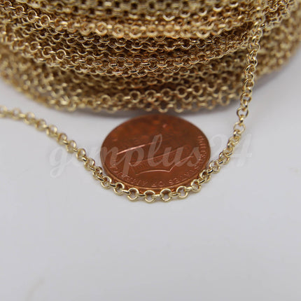 ATC Anti-Tarnishing Coating Pinky Gold Plated ROLO Chain bulk, 3/10/32/100 Feet of SOLDERED Rolo Chain - 2.0mm 2mm Links - ATC2.0BL