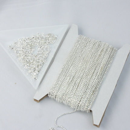 Sterling Silver Plated Ball Chain Bulk, 100 ft. spool of FACET micro ball chain - 1.2mm ball w/ FREE 100 connectors  (Crimp) - 12DC