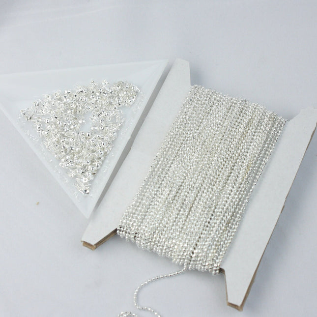 Sterling Silver Plated Ball Chain Bulk, 100 ft. spool of FACET micro ball chain - 1.2mm ball w/ FREE 100 connectors  (Crimp) - 12DC