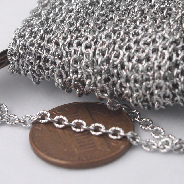 Stainless Steel chain bulk, 3 ft of Stainless Steel Textured Flat Cable Chain - 3x2mm unsoldered link