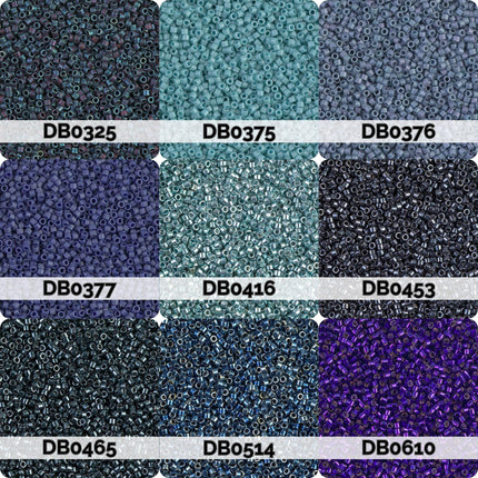nine different piles of beads, each with a unique color and pattern. The piles are labeled with numbers, indicating the specific color and pattern of each pile.