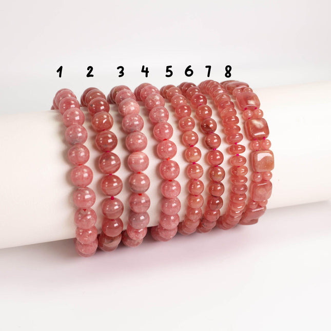 A collection of pink beads arranged in a row, with numbers 1 to 8 displayed above them.