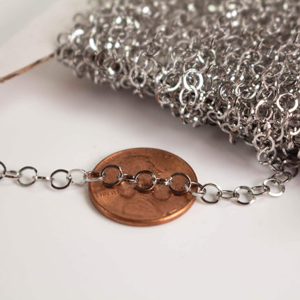 A close-up image of a chain of small silver links resting on a copper-colored penny.
