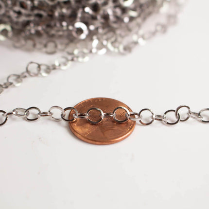 A close-up image of a silver chain with multiple links, resting on a copper penny.