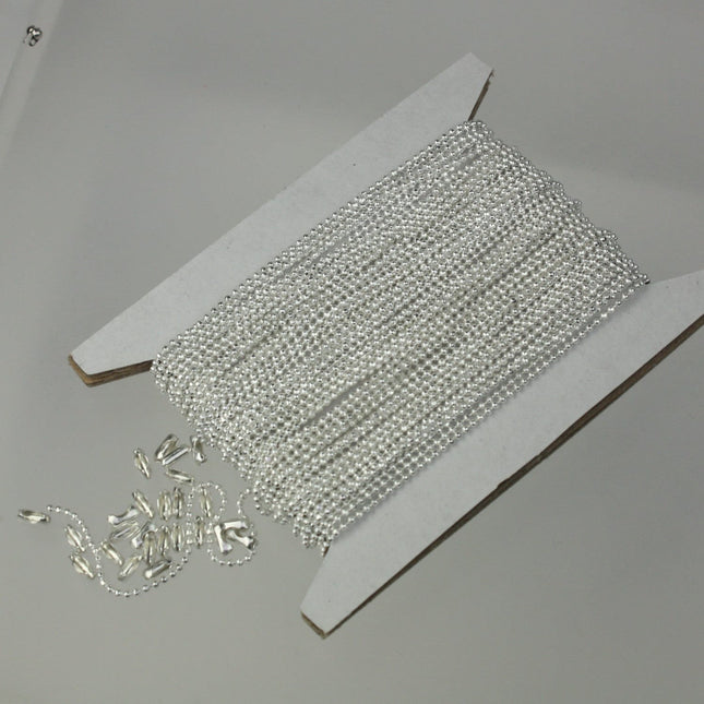 Sterling Silver Plated Ball Chain Bulk, 10 ft. spool of FACET micro ball chain - 1.2mm ball w/ FREE 10 connectors (Insert) - 12DC