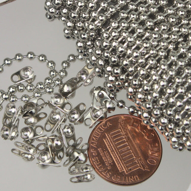 12 ft. spool of Rhodium Plated ROUND ball chain - 2.4mm ball size - with FREE 10pcs Connectors (Crimp) - 24BALL