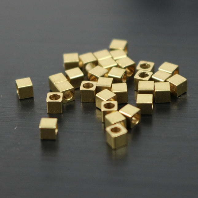 100 Raw Brass Square Cube Beads, End Caps - 2.5x2.5 mm 1.5mm Hole -  Solid Brass