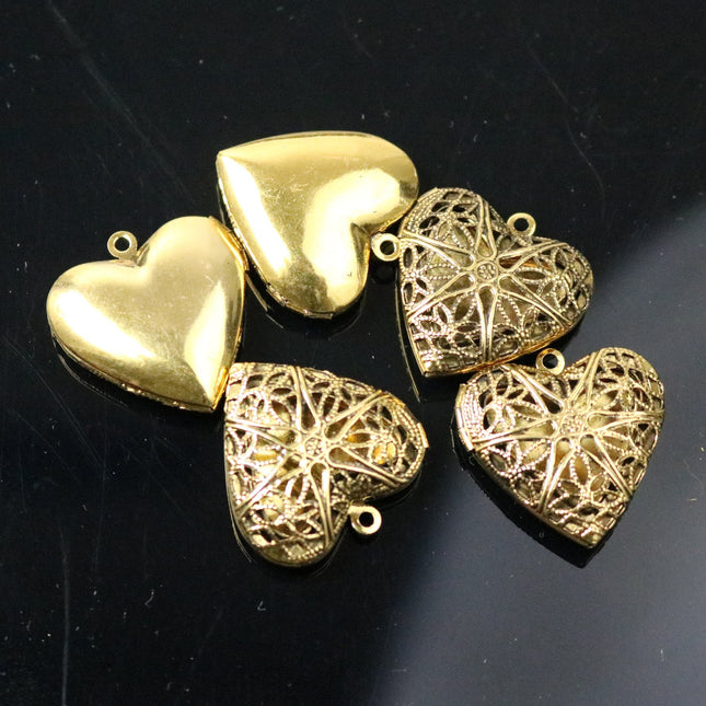 5 pcs Antique GOLD Heart Filigree Locket Pendant Charm - 25mm 1 inch 8mm thickness- Brass Locket Pendant Charm