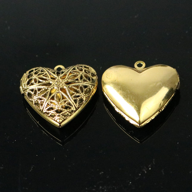 5 pcs Antique GOLD Heart Filigree Locket Pendant Charm - 25mm 1 inch 8mm thickness- Brass Locket Pendant Charm
