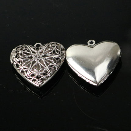 5 pcs Antique SILVER Heart Filigree Locket Pendant Charm - 25mm 1 inch 8mm thickness - Brass Locket Pendant Charm