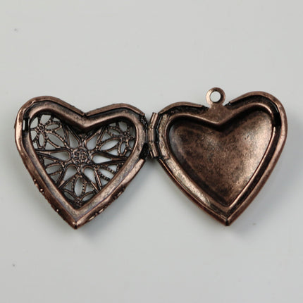 5 pcs Antique COPPER Heart Filigree Locket Pendant Charm - 25mm 1 inch 8mm thickness - Brass Locket Pendant Charm
