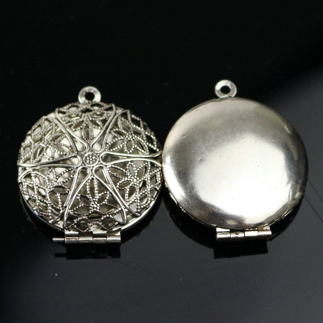 5 pcs Antique SILVER Filigree Locket Pendant Charm - 27x32mm 8mm thickness - Brass Locket Pendant Charm