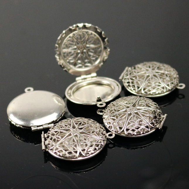 5 pcs Antique SILVER Filigree Locket Pendant Charm - 27x32mm 8mm thickness - Brass Locket Pendant Charm