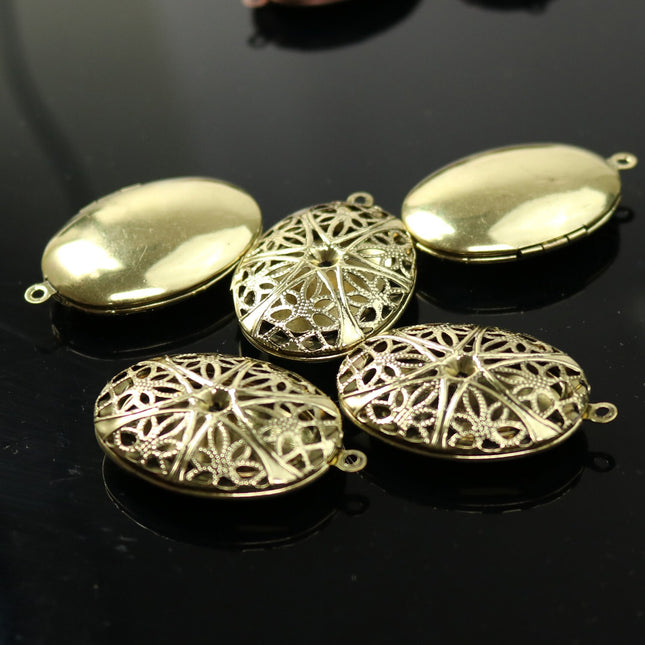 5 pcs Antique GOLD Filigree Locket OVAL Big Pendant Charm - 27x39mm 10mm thickness- Brass Locket Pendant Charm