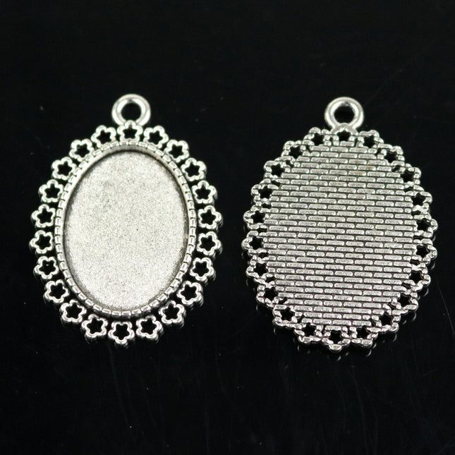 10 Bezel Pendant Trays 18x25mm - Antique Silver Oval Tray - Cabochon Tray Vintage Style Pendant Blanks Cameo Bezel Setting - 11/16x1 inch