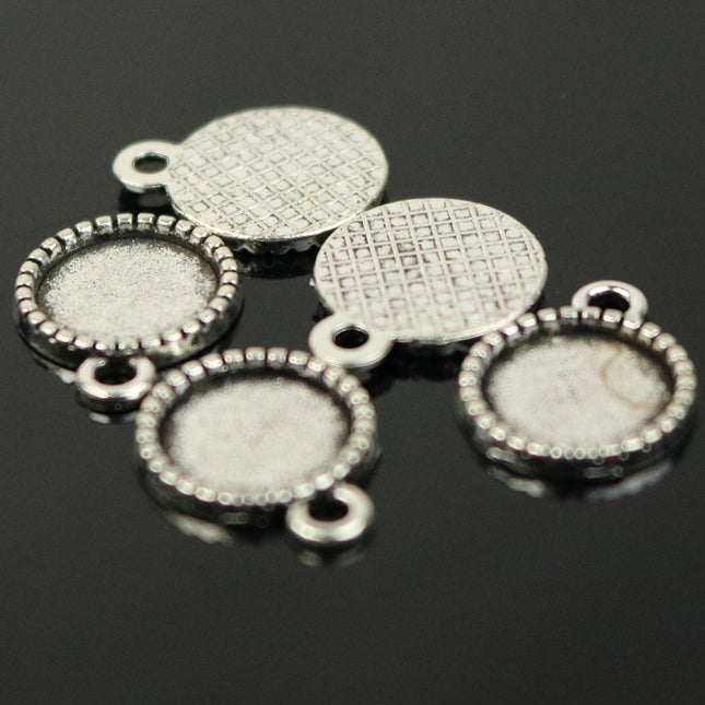 50 Round Antique Silver Bezel - for 10mm 3/8inch  - Circle Pendant Blank Bezel . for Cabochon Cameo Pendants, Photo Jewelry, Post Setting
