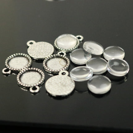 50 Round Antique Silver Bezel - for 10mm 3/8inch  - Circle Pendant Blank Bezel . for Cabochon Cameo Pendants, Photo Jewelry, Post Setting