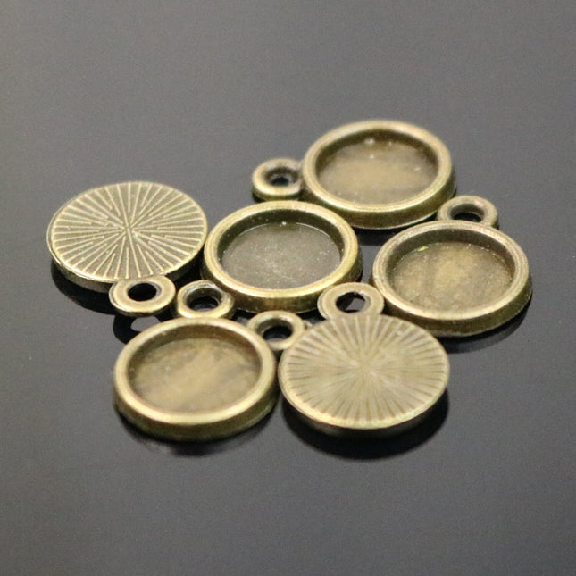 50 Round Antique Brass Bezel - for 8mm 5/16inch  - Circle Pendant Blank Bezel . for Cabochon Cameo Pendants, Photo Jewelry, Post Setting