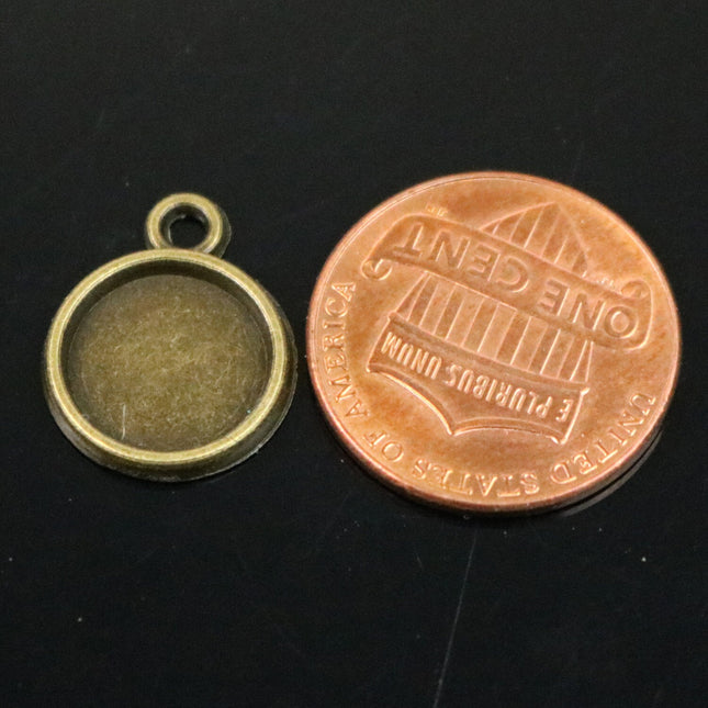 50 Round Antique Brass Bezel - for 10mm 3/8inch  - Circle Pendant Blank Bezel . for Cabochon Cameo Pendants, Photo Jewelry, Post Setting