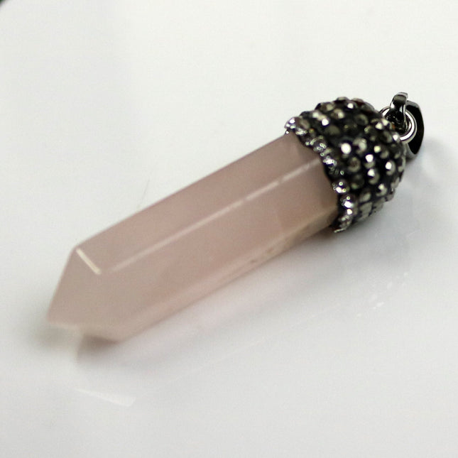 1, 5, 10pcs POINT Charm Point Pendant with 20 inch Maching Necklace, 38x8.5 mm - Rose Quartz, Cubic Zirconia & Gunmetal Edging -Color U-Pick